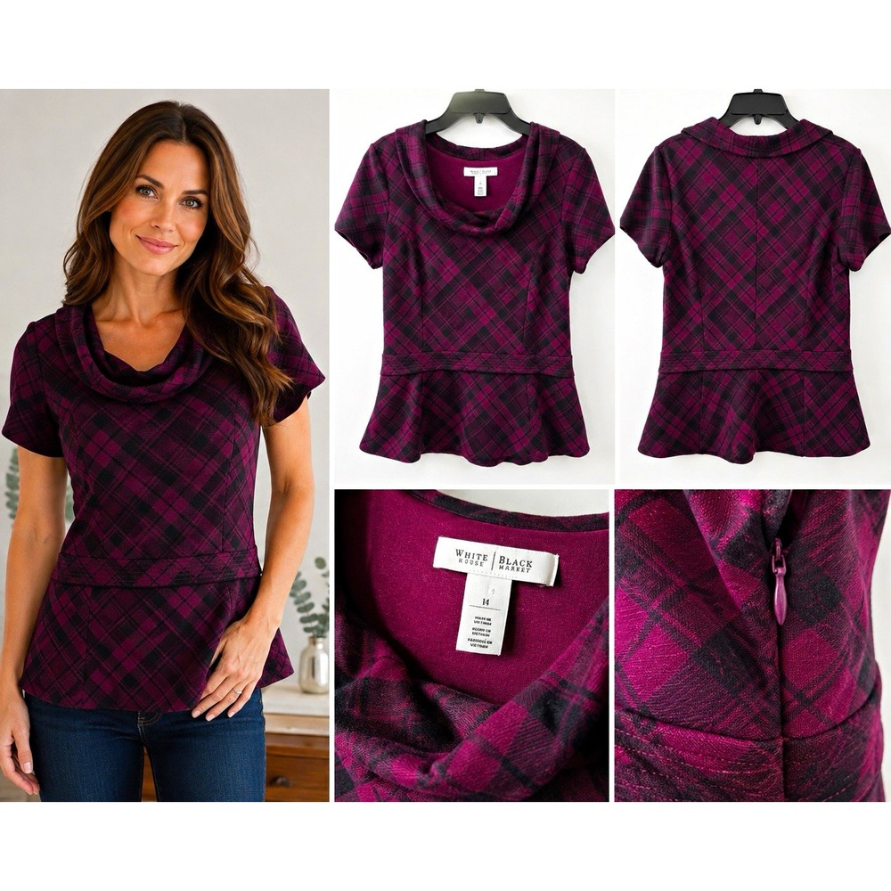 White House Black Market Plaid Purple Black Cowl Neck Short Sleeve Zip Blouse 14